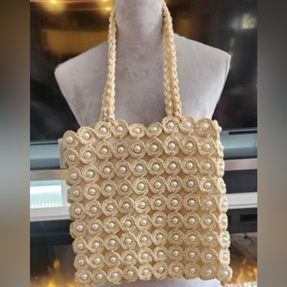 HAUTE HIPPIE HANDWOVEN DOUBLE HANDLE STRAW RAFIA PEARL EMBELLISHED TOTE *NEW*
